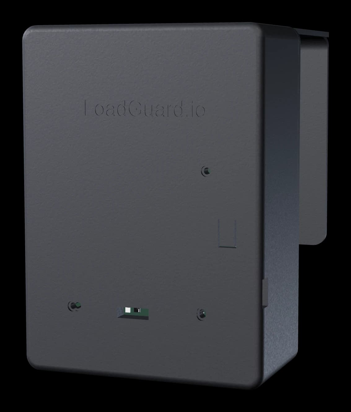 The LoadGuard device — a U-clamp housing that seats over the container door rail